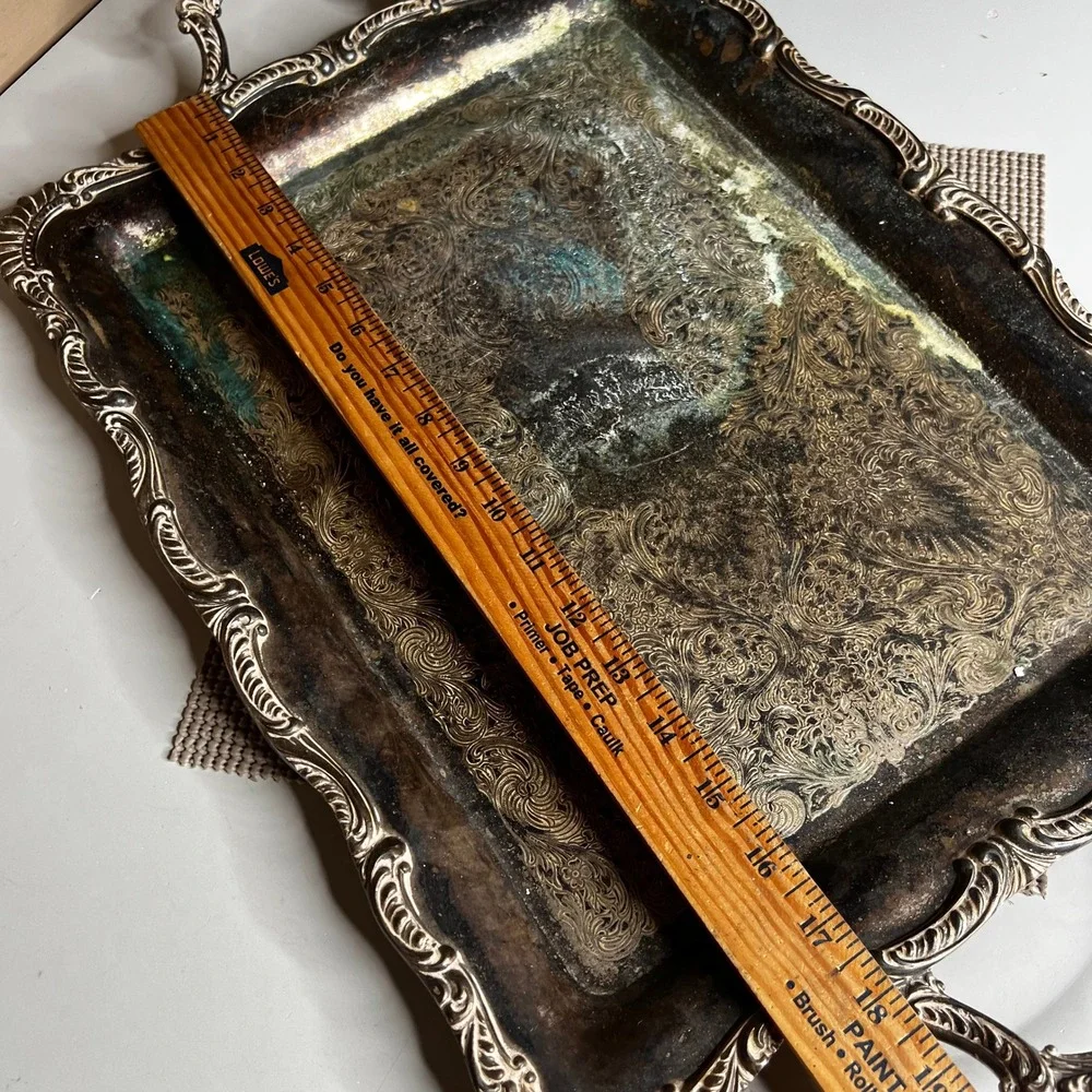 Vintage Silver Plated Rectangular Serving Tray Ornate Handles Etched Floral 19in